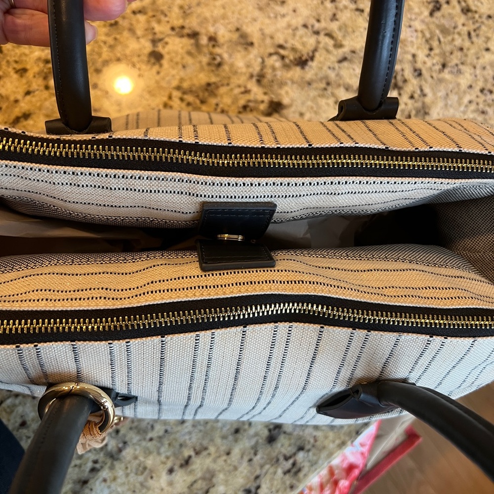 Vince Camuto Neutral and Navy Canvas Tote with Leather Accents - Picture 9 of 10